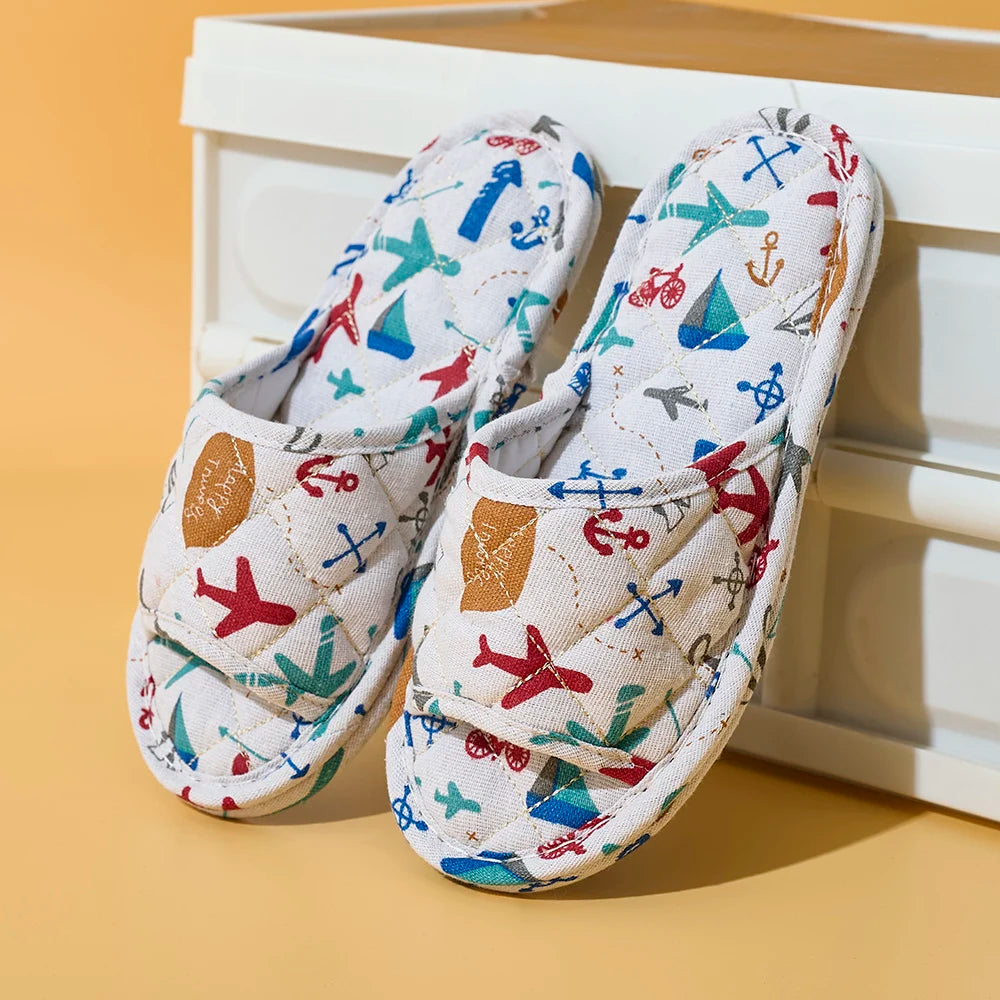 Indoor Home Slippers Soft Cotton Floral Floor Shoes Antilip Bedroom