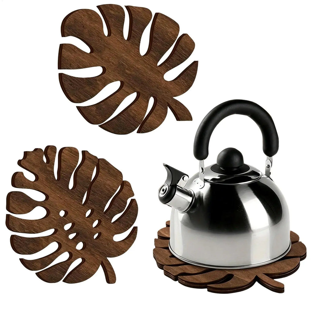 3Pcs Wooden Heat Resistant Trivet Set Monstera leaves Design Kitchen Countertop Protector Desk Decor Table Coasters Cup Holder Zpaxo