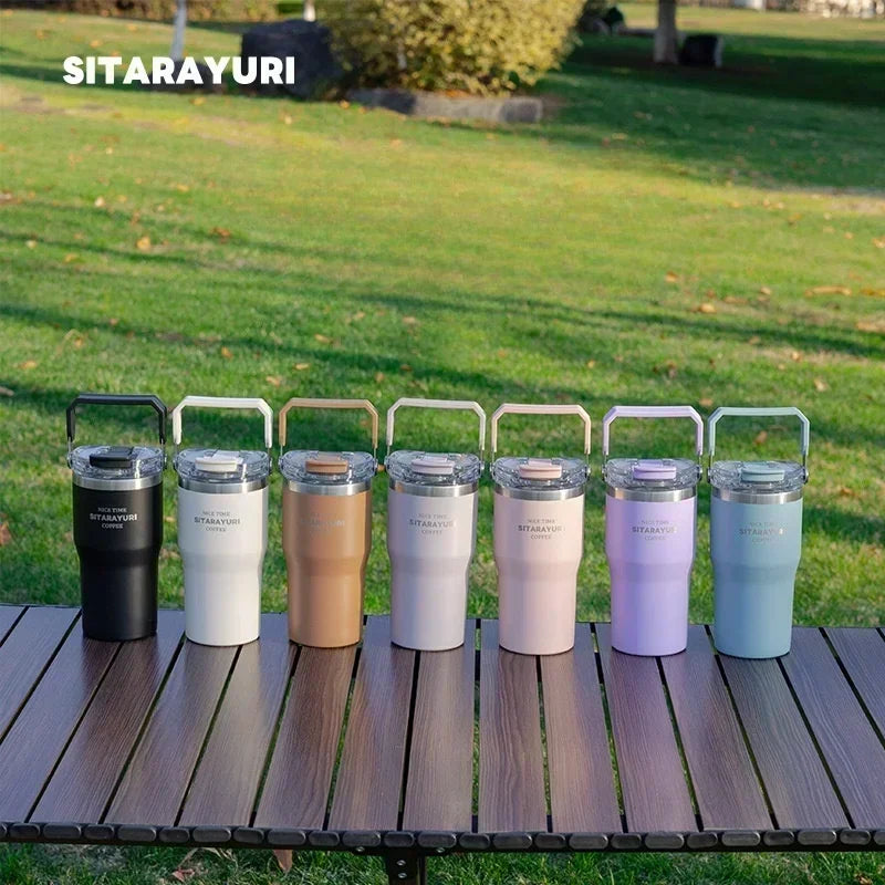 Stainless Steel Tumbler Straw Insulated Thermos Coffee Cup Handle