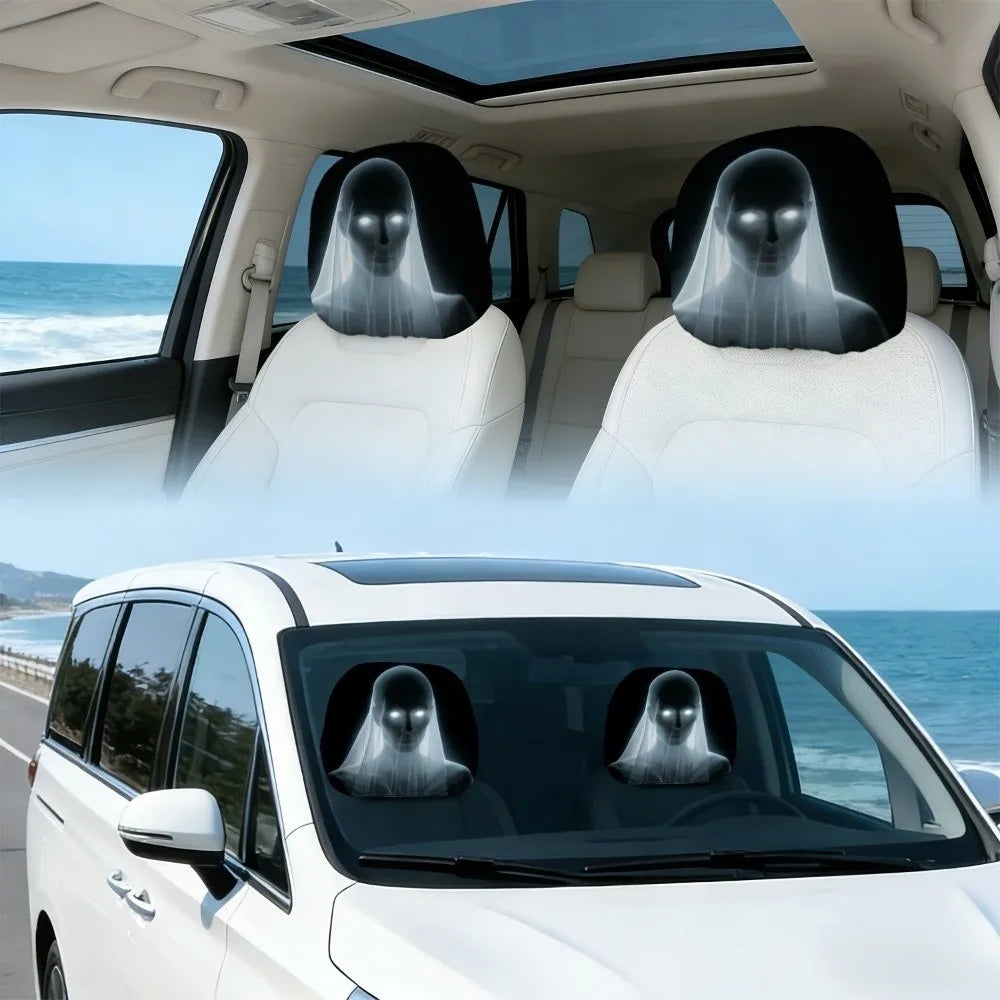 2D Stretch Car Headrest Covers Ghost Funny Neck Pillowcase Halloween Zpaxo