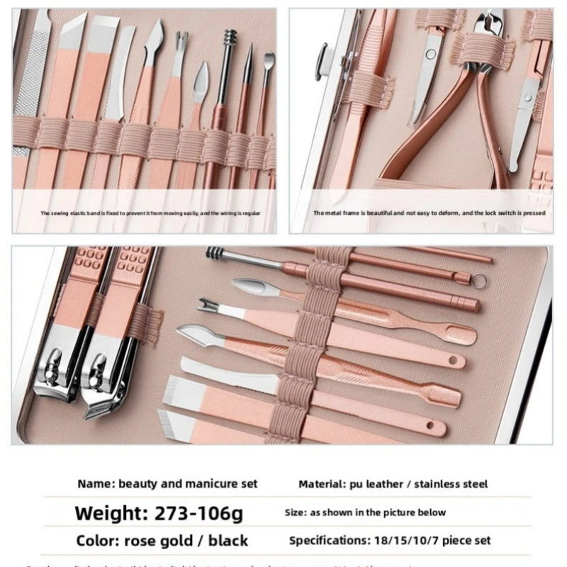 Golden stainless steel nail clipper set of 18 pieces, nail clippers, foot clippers, nose hair clippers, care tools Zpaxo