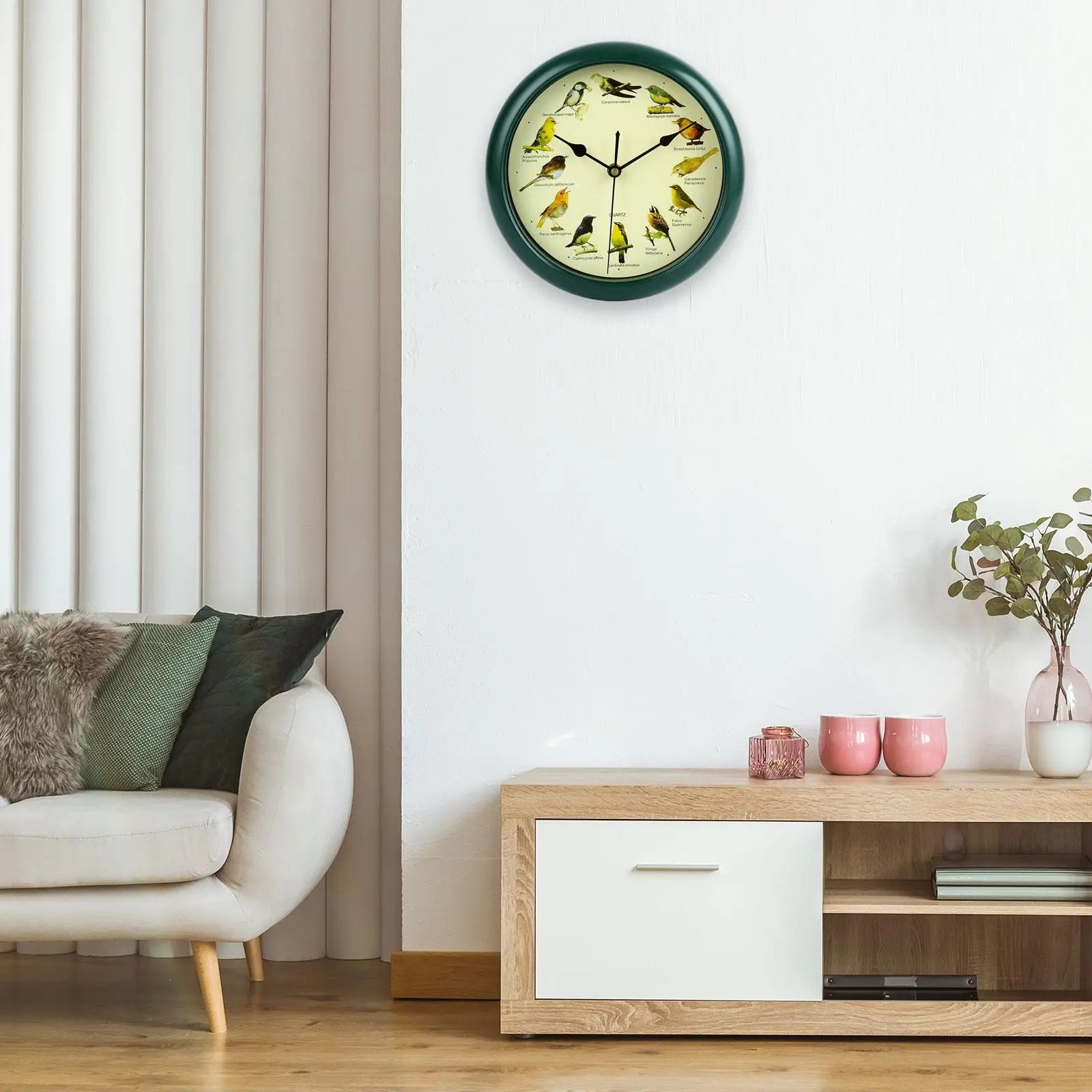 25cm Musical Birds Wall Hanging Sound Clock Battery Operated Household Interior Green Frame for Bedroom Housewarming Gift Zpaxo