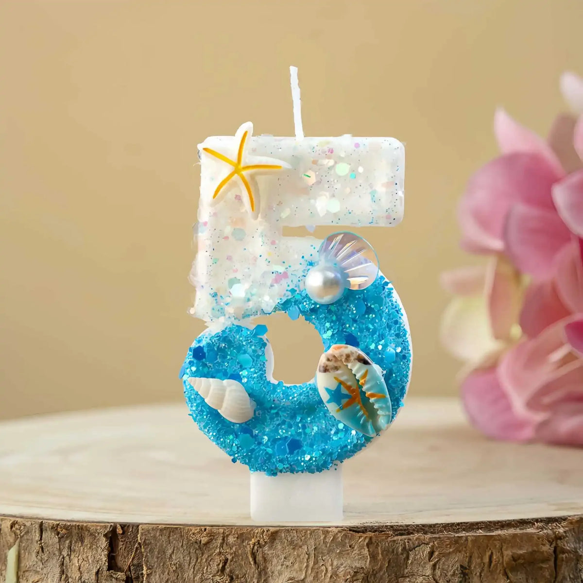 Ocean-themed Blue White Glitter Number Birthday Candles Seashell Zpaxo number 5 B15040F