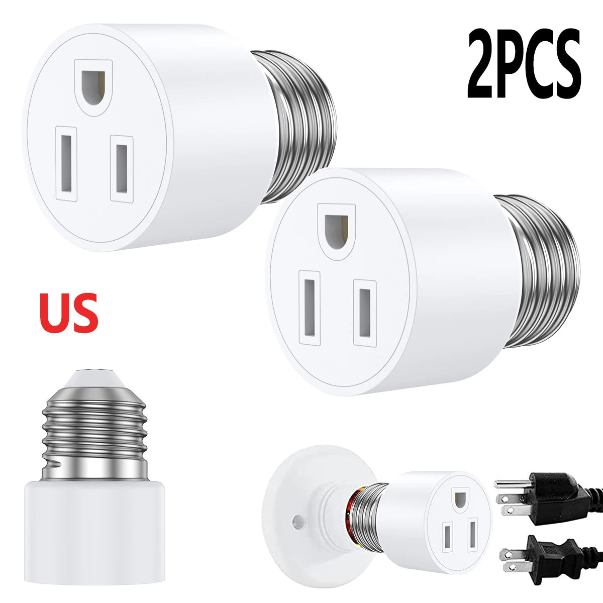 2PCS Universal Travel Adapter Light Socket 1250W Heat Resistant E26/E27 Multifunctional Flame Retardant Converter Socket Plug Zpaxo