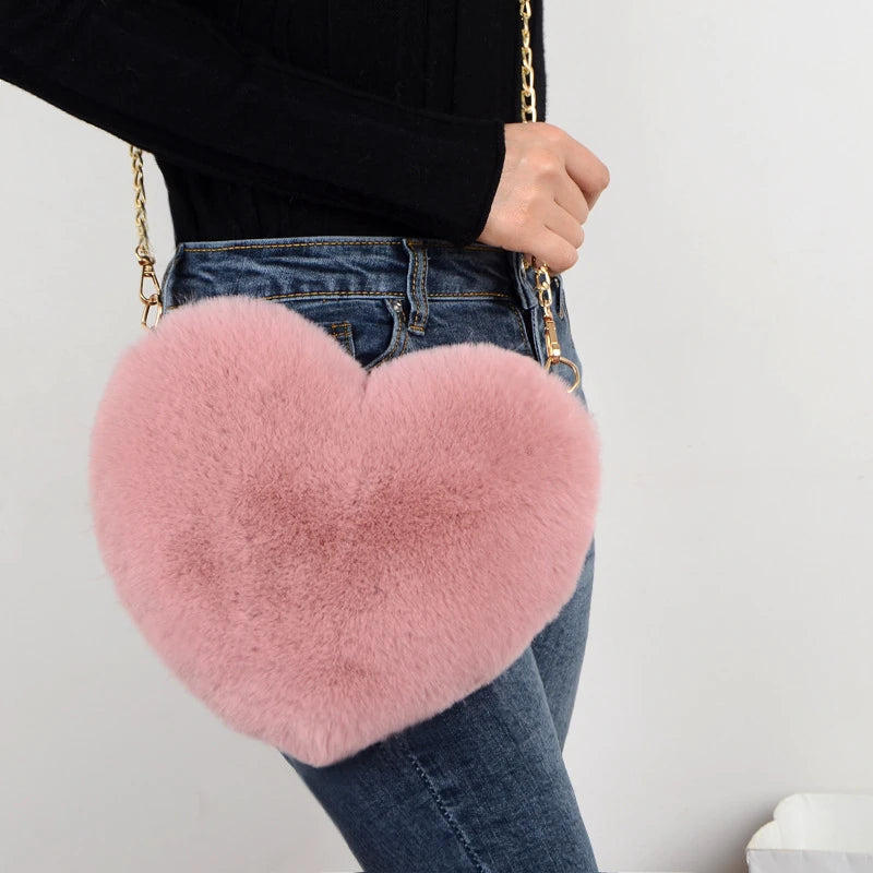 Fashion Women's Heart Shaped Handbags Cute Kawaii Faux Fur Crossbody