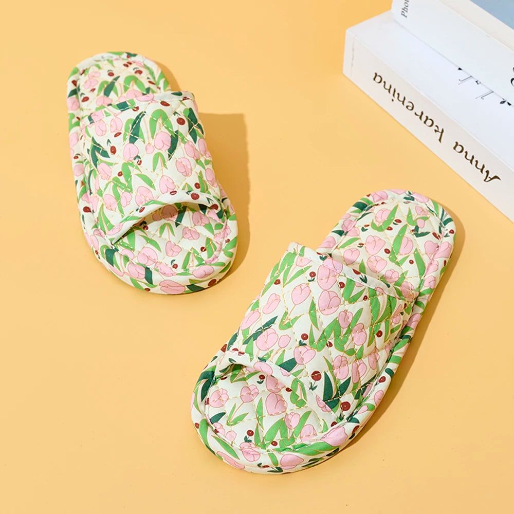 Summer Women Home Slippers Soft Cotton Floral Floor Shoes Antislip