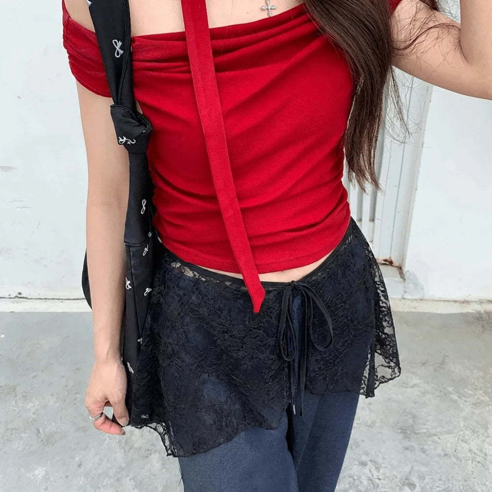 French Lacing Lace Mini Skirt Embroidery Irregular Hemline Ruched Skirts Y2K Streetwear Harajuku Lace Up Ruffles Skirt Zpaxo