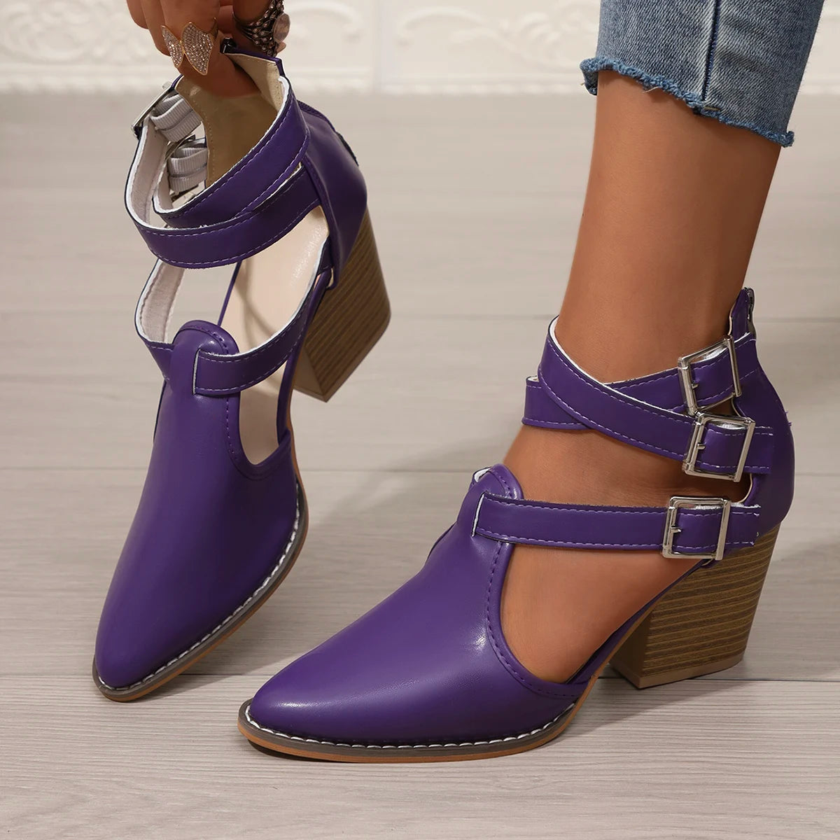 Woman Sandals 2025 Casual Chunky Heels Round Toe Burgundy Straps Zpaxo PURPLE 39