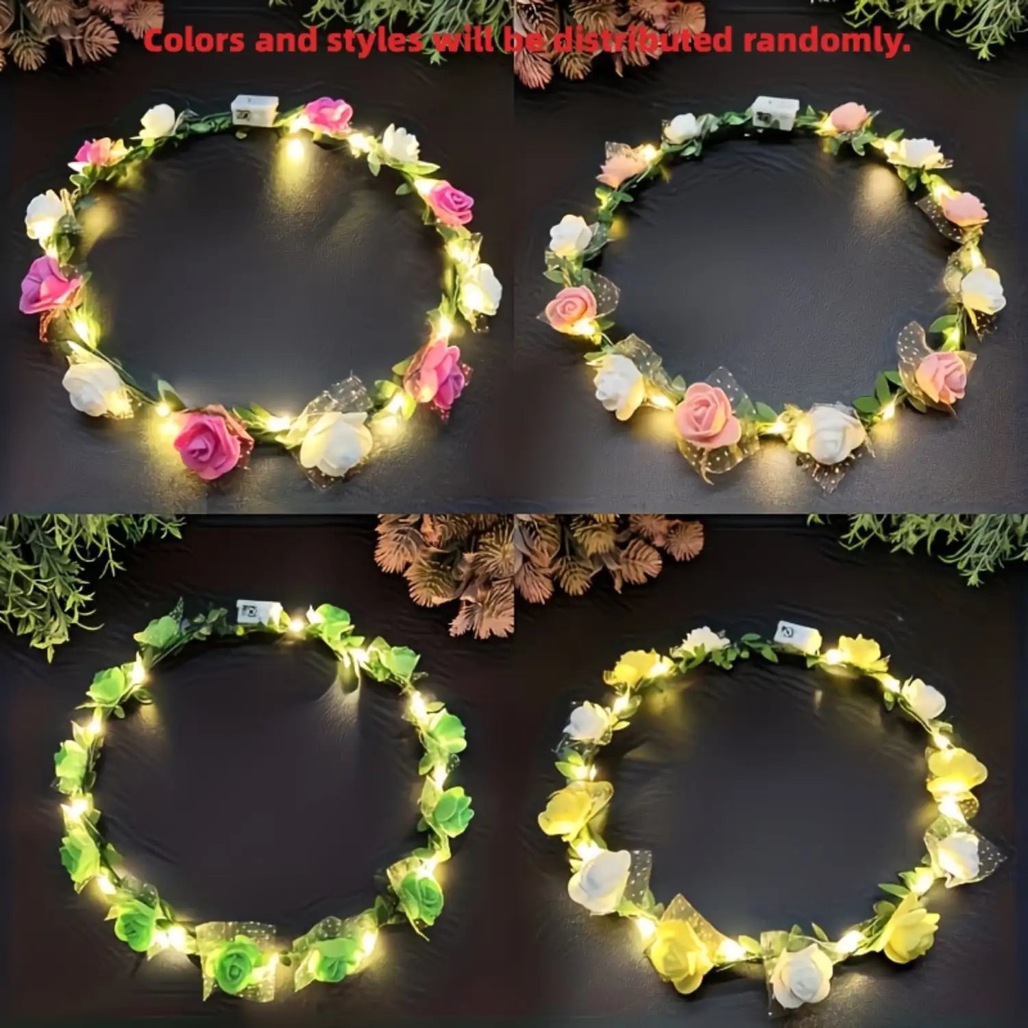 Button Battery Floral Headband Colorful Adorned Vibrant Flowers Green