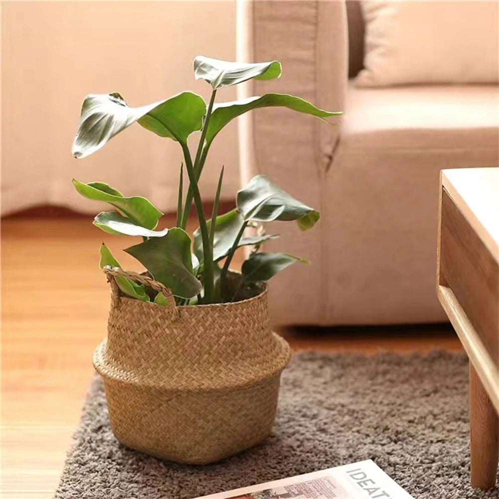Plant Basket with Handles Wicker Basket Plant Pot Storage Basket Rattan Hanging Flower Pot Laundry Home Decor Zpaxo