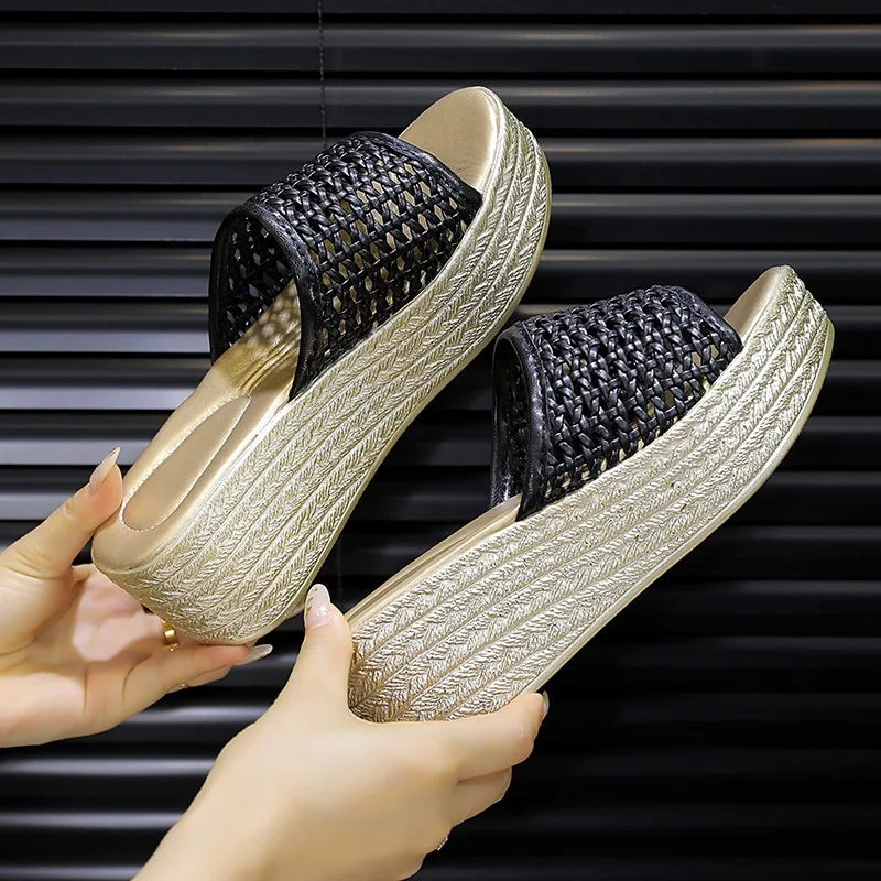 Hollow Out Breathable Women's Slippers Fish Mouth Wedge Anti Slip Zpaxo black 37