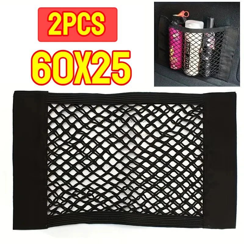 Car Back Rear Trunk Organizer Net Mesh Seat Elastic String Magic Sticker Universal Storage Bag Pocket Auto Put Paper Stowing Zpaxo 60x25-2PCS