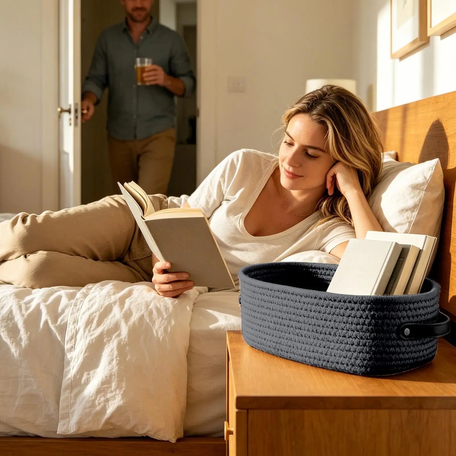 Woven Storage Baskets Leather Handles Decorative Cotton Rope