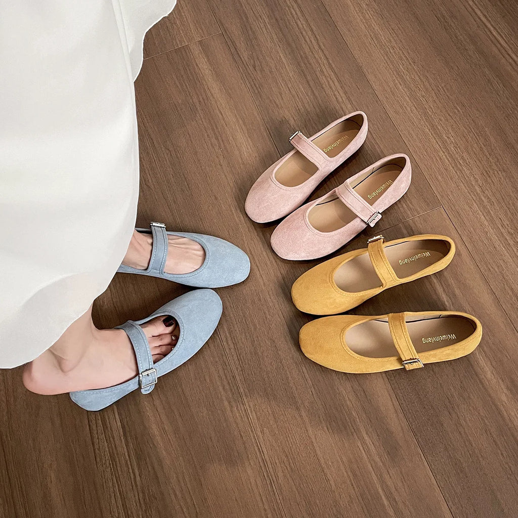 French Flat Shoes Women's Spring and Autumn Ballet Shoes Pink Round Toe Suede Mary Jane Plus Size Women's Shoes Ladies Zpaxo