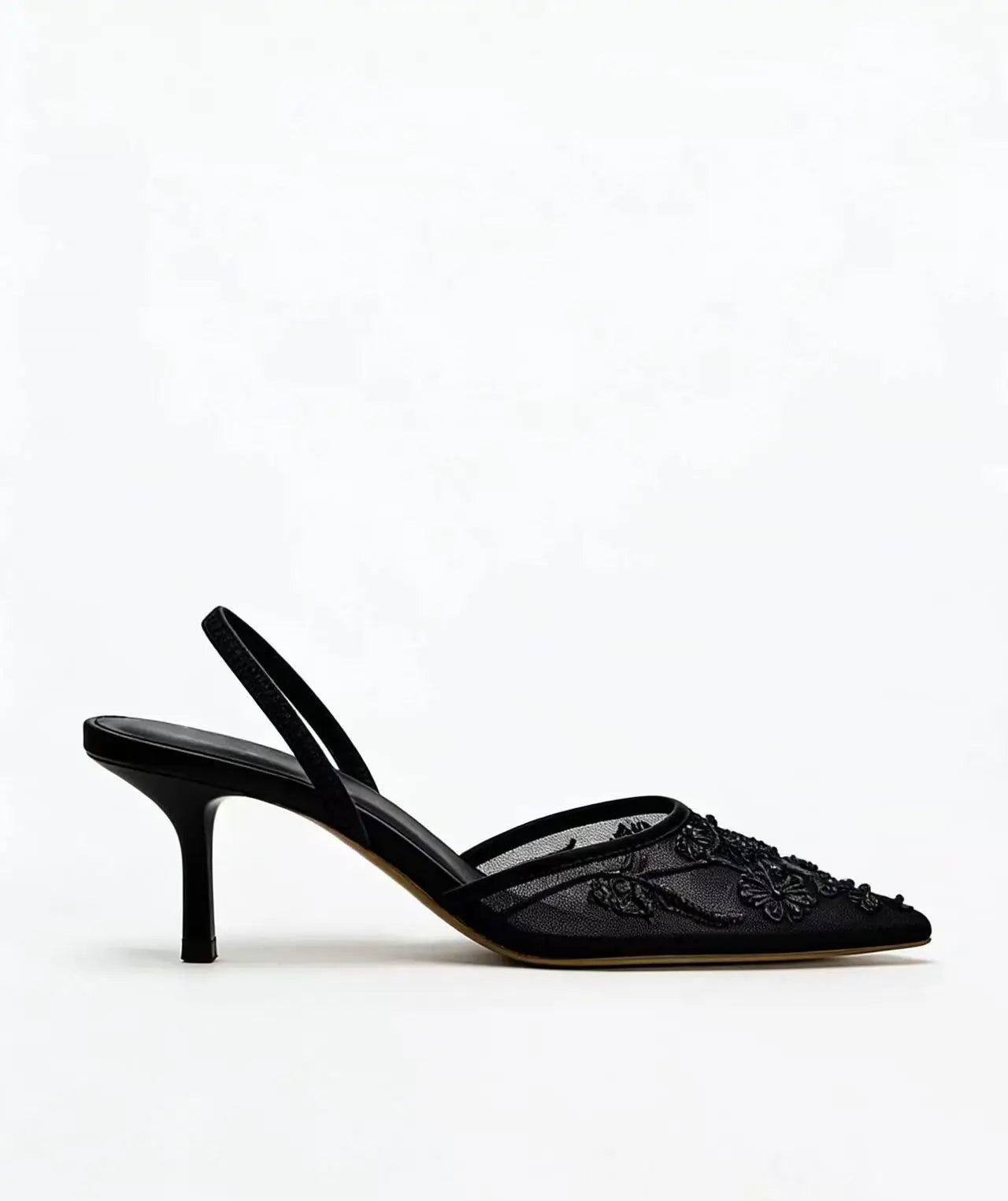 Black Embroidered Mesh Slingback Heels Sandals Women 2026 Luxury