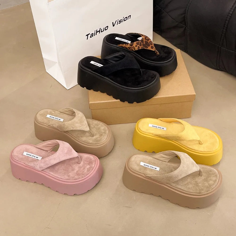 Wedge Outdoor Slippers Women's Summer Thick Bottom Flip Flops Outdoor High Waist Seaside Beach Leisure Flip Flops Suede Zpaxo