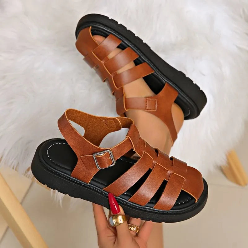 Women's Round Closed Toe Hollow Out Breathable Mid Heel Sandals Zpaxo Brown 42