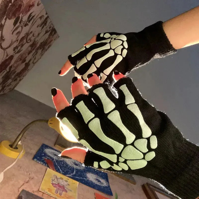 Skeleton Skull Glow-in-the-Dark Fingerless Halloween Gloves