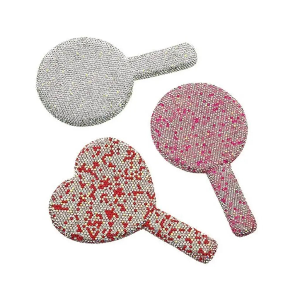 New Rhinestone Makeup Mirror with Handle Round Square Heart Shape Cosmetic Hand Mirror Portable Shiny Bling Handheld Mirror Zpaxo