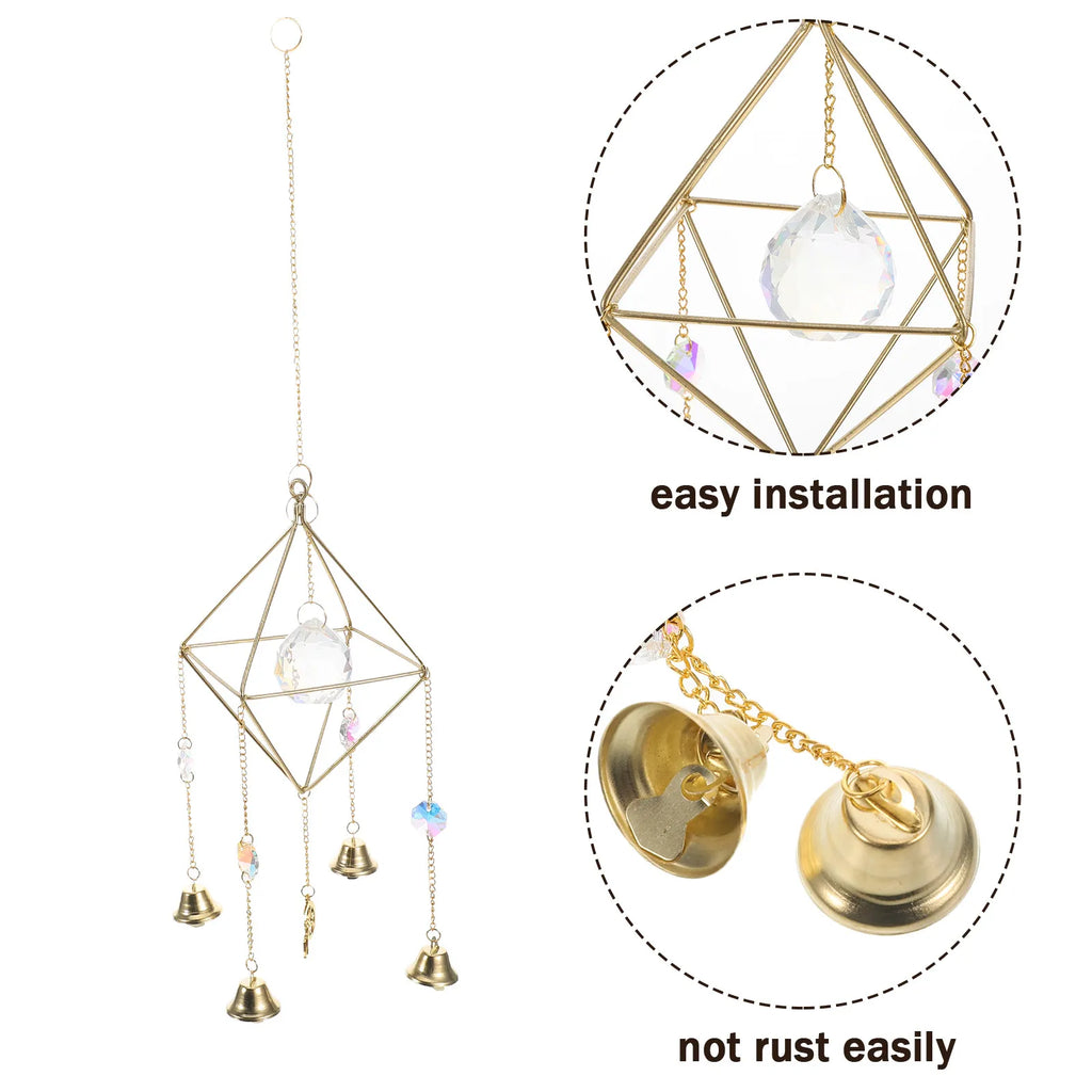 Golden Metal Bell Wind Chime Crystal Suncatcher Pendant Clear Melodic