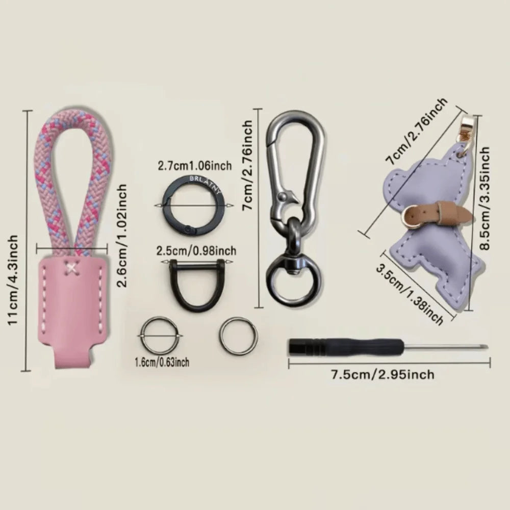 Multi-Use Bulldog Leather Keychain Braided Rope D Buckle Swivel Clasp Bag Charm Cartoon Puppy Thick Rope Key Pendant Holiday Zpaxo