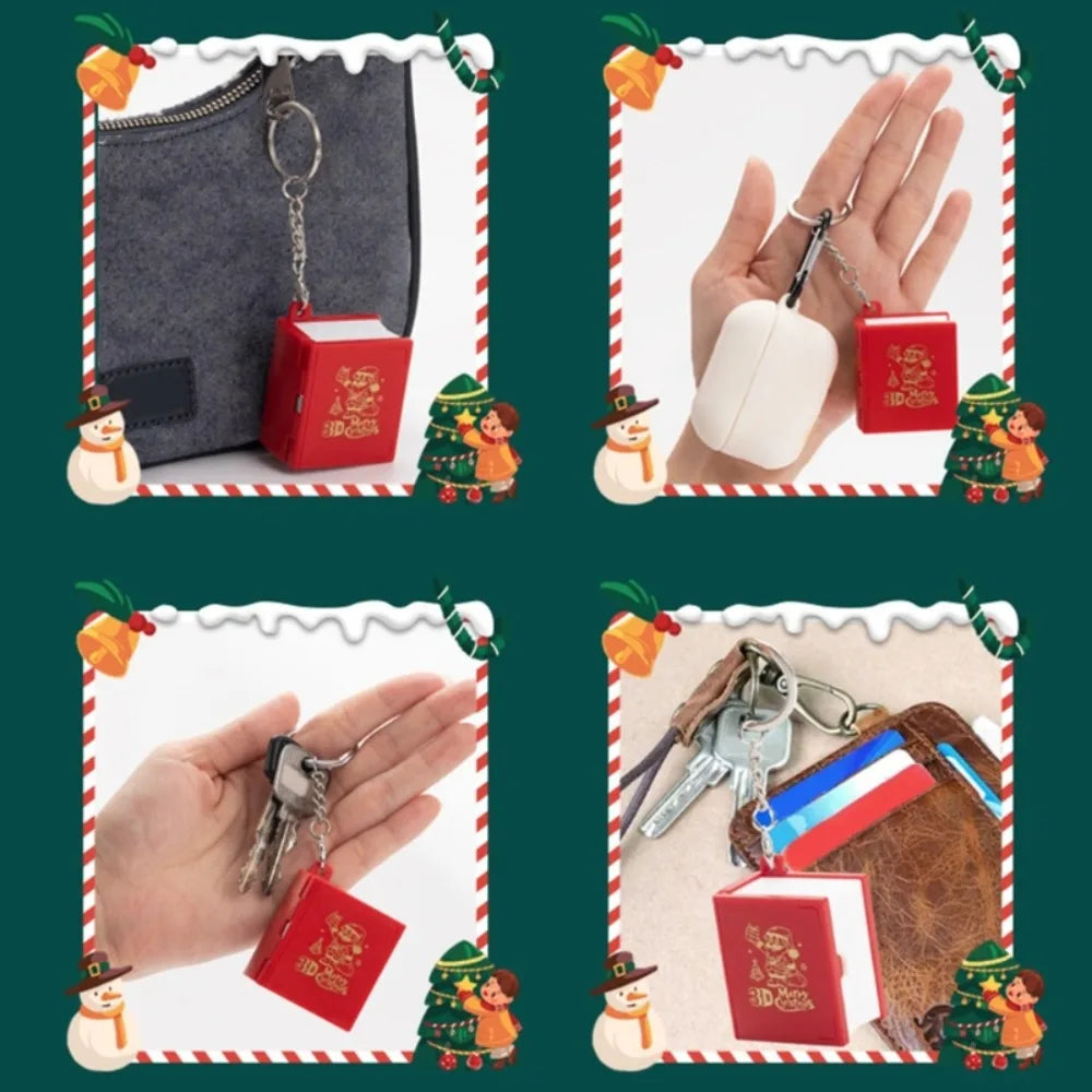 Creative 3D 3D Mini Fold Book Keychains Plastic Christmas Santa Fold Book Educational Science Cognitive Tools Zpaxo