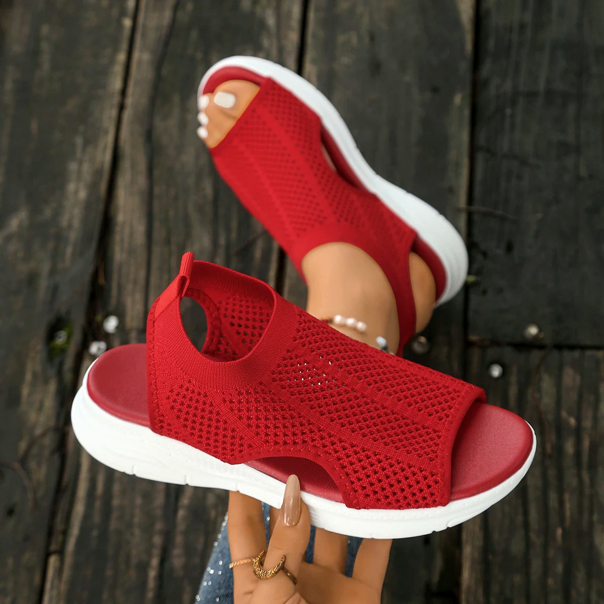 Women Sandals Trend Comfortable Slip-On Sandals Breathable Knit Open Toe Shoes Low Heel with Durable Rubber Sole Shoes for Women Zpaxo Red 42