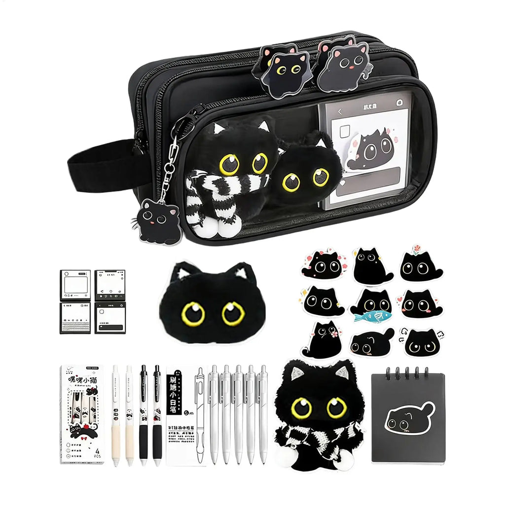 Cute Pencil Pouch Sticky Notes 10-Layer Black Cat Animal Case