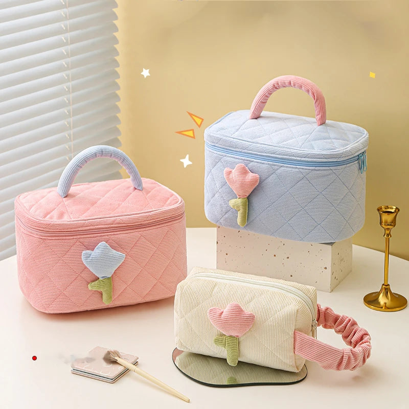 Cute Tulip Handheld Cosmetic Bag Women Large Capacity Portable