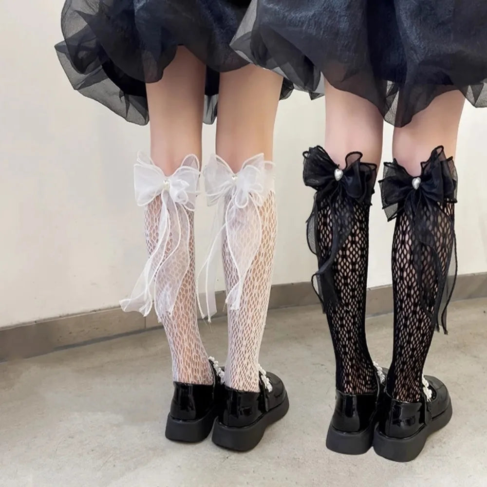 Breathable Lace Bow Over-the-knee Socks Women Sheer Mesh Elastic