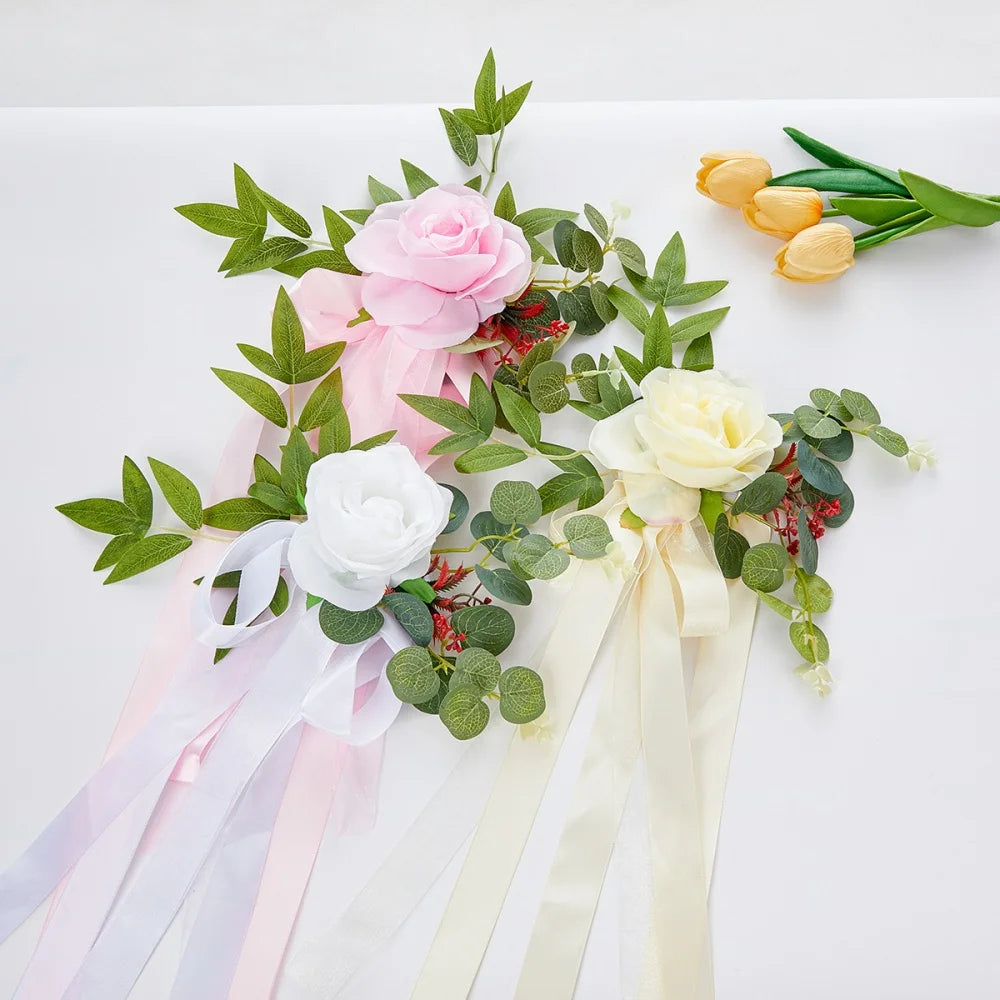 Wedding Pew Chair Decoration – Artificial Rose & Ribbon Garland