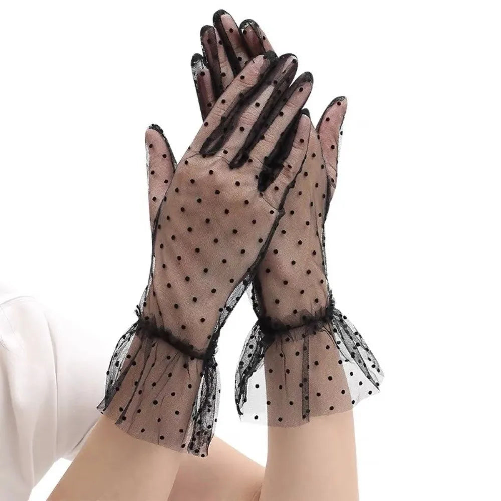 Fashion Ultra Thin Tulle Polka Dot Gloves Full Finger Breathable Lace Mesh Gloves Transparent Wedding Party Mittens UV Sunscreen Zpaxo