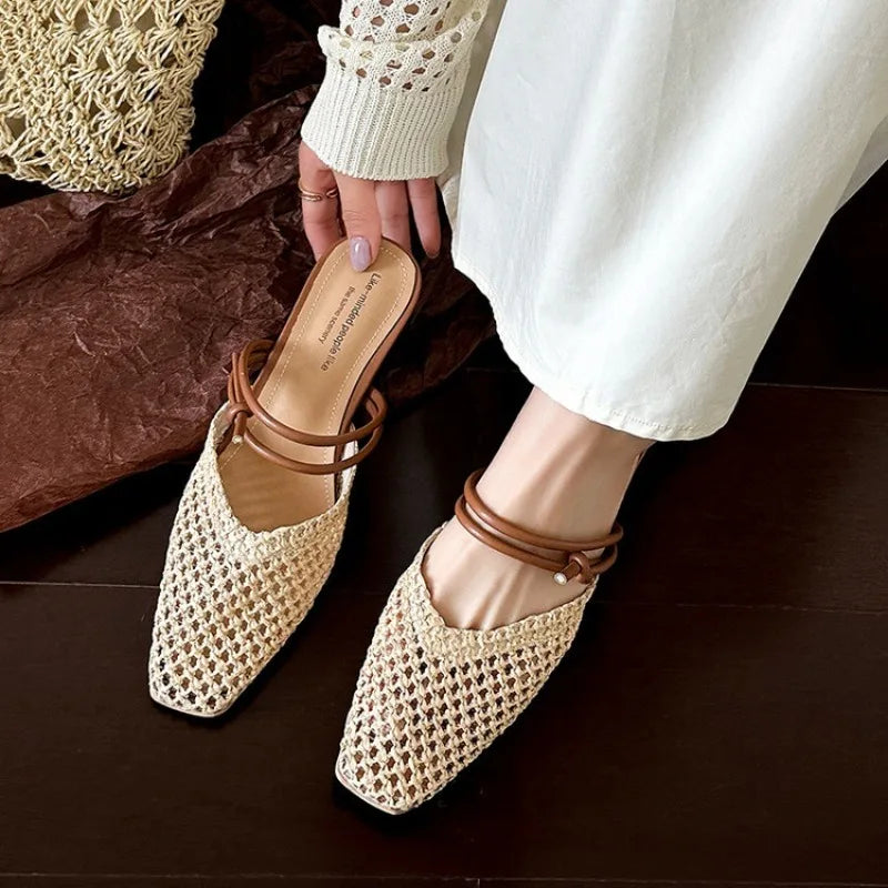 Vintage Woven 1 Slip-on Toe Half Slippers Women's New Outwear French Fairy Style Thick Heel Holiday Shoes Zpaxo