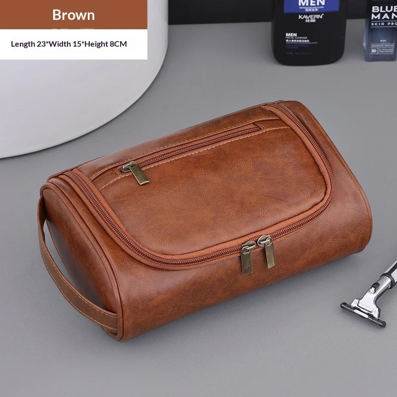 Men's PU Leather Travel Wash Bag – Large Capacity Waterproof Travel Wash Bag Zpaxo Thickened brown