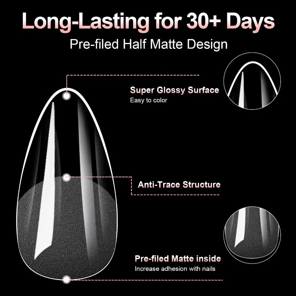 100Pcs Acrylic False Nail Transparent Traceless Artificial Nails Tips Almond Square Full Cover Pre-File Pressed Nails Zpaxo