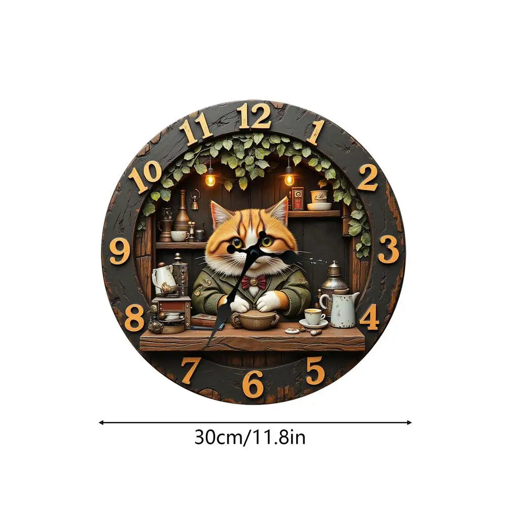 Wall Clock Cat Theme Wooden Cute Animal Decoration Living Room