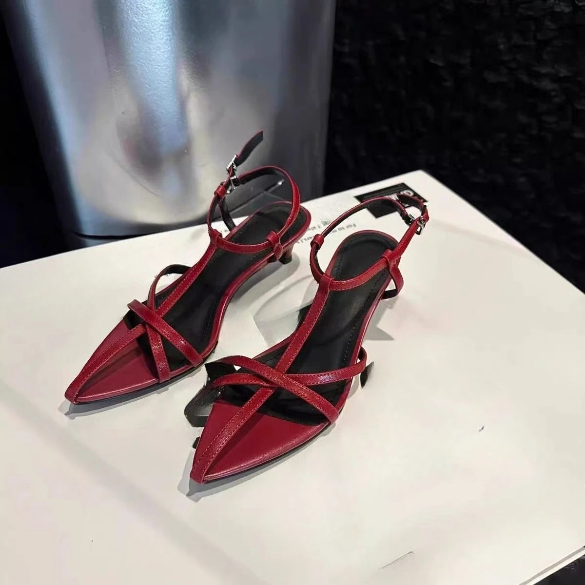 Women's Thin Heeled Sandals Designer Sexy Elegant Mid Heels Shoes Zpaxo Red 39