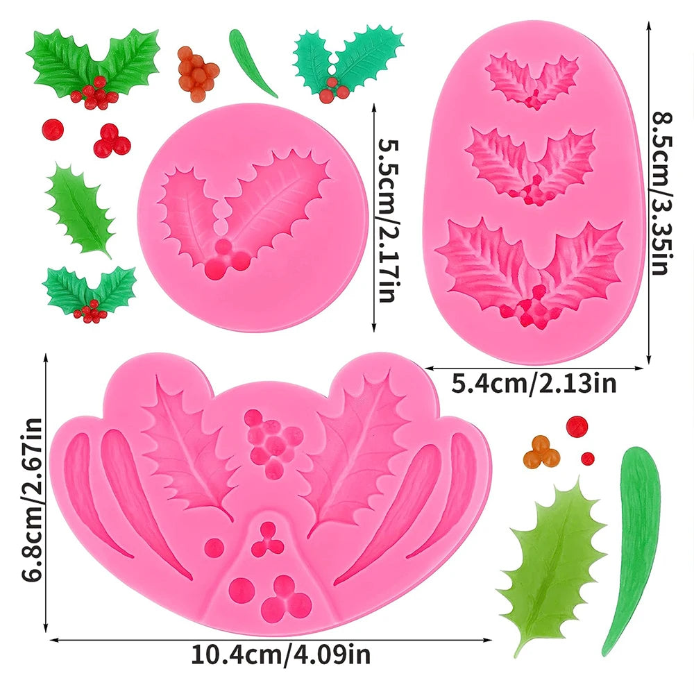 3Pcs Christmas Holly Leaves Silicone Molds Holly Leaf Fondant Chocolate Dessert Cake Decorating Baking DIY Art Crafts Making Zpaxo 3Pcs