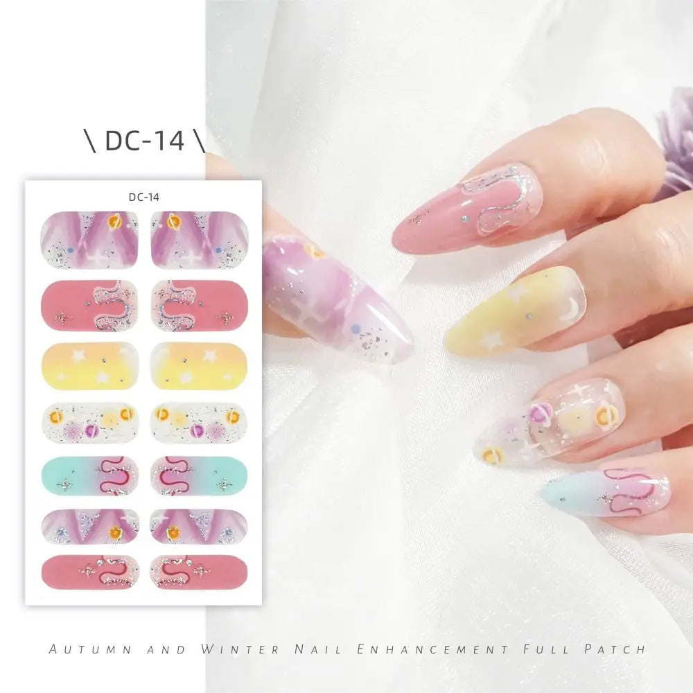 14 Strips Semi Cured Gel Nail Stickers Floristic Full Cover Gel Nail Polish Strips French Nail Art Glittering Nail Art Stickers Zpaxo DC-14