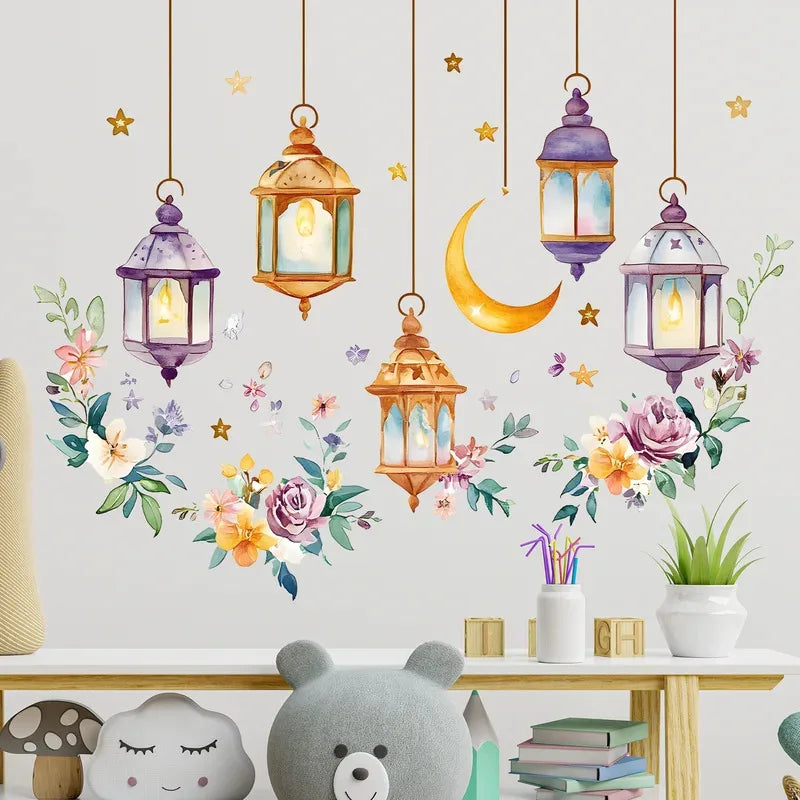 Eid Al Fitr Watercolor Plant Flower Star Moon Wall Stickers Ramadan