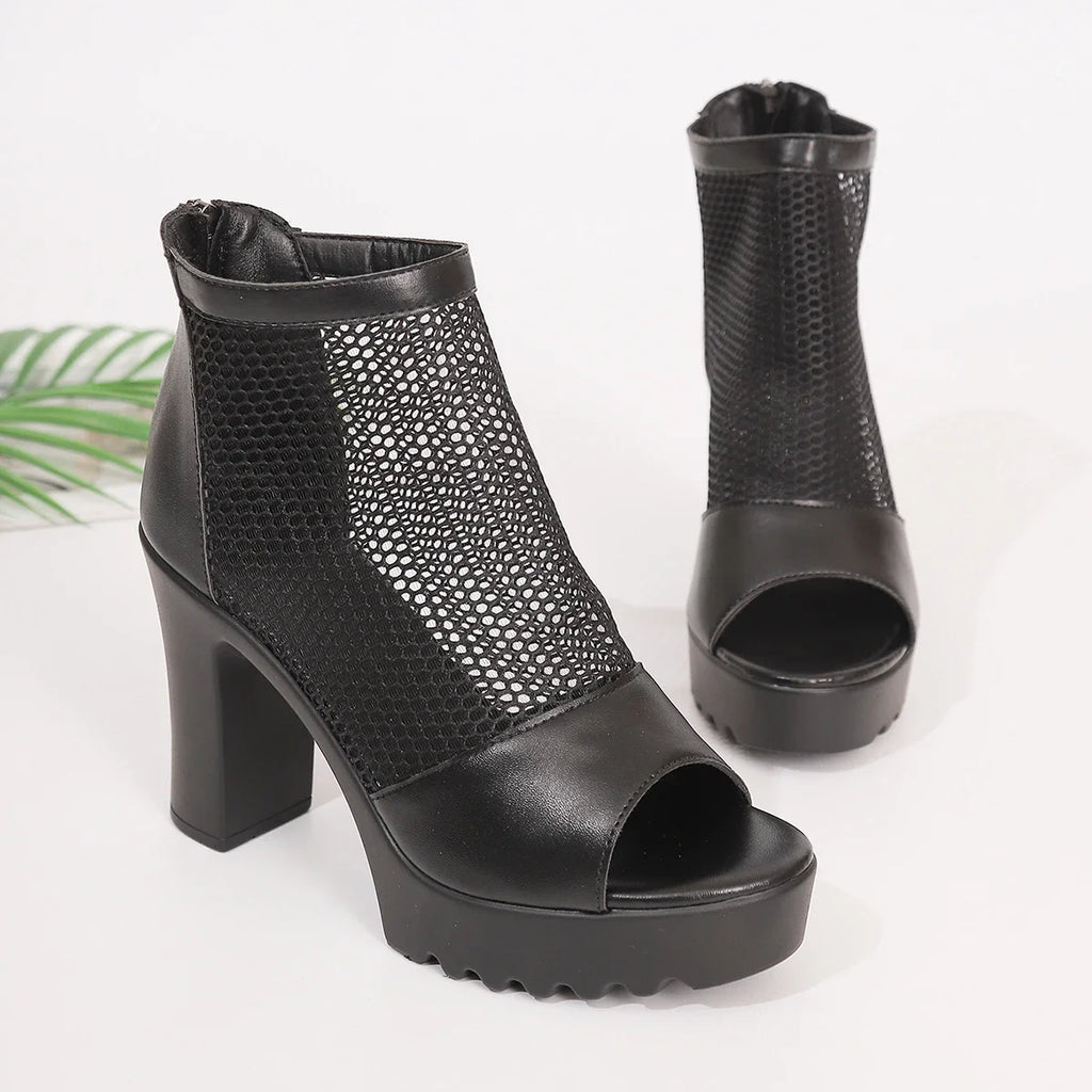 Women High Heels Sandals Breathable Mesh Plus Size Women Shoes 2025 New Fashion Female Sandals Peep Toe Chunky Heels Shoes Women Zpaxo