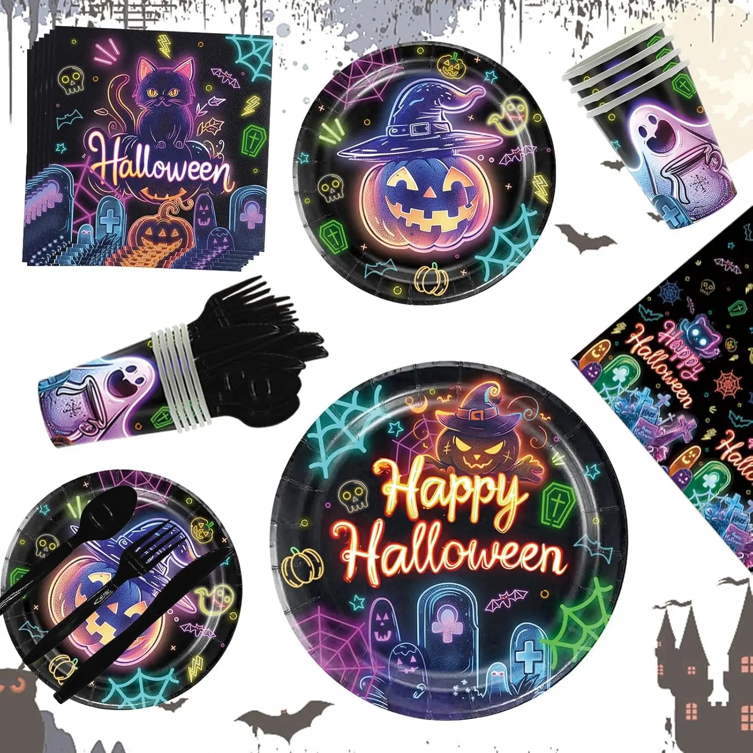 Glowing Disposable Halloween Tableware Complete Fluorescent Plates