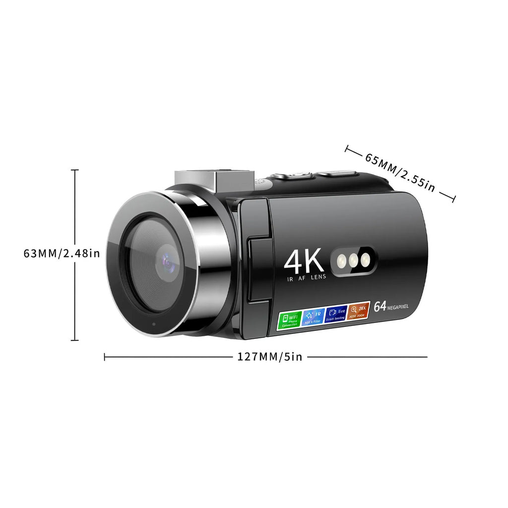 Digital Video Camera 28X Zoom Screen Auto Focus 4K 64MP HD LED White