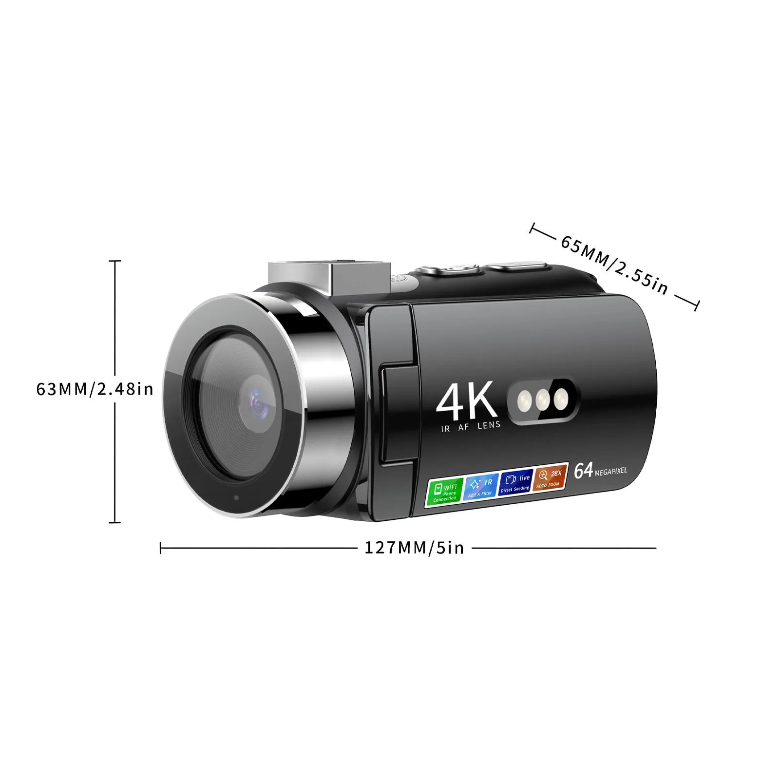 Digital Video Camera 28X Zoom Screen Auto Focus 4K 64MP HD LED White