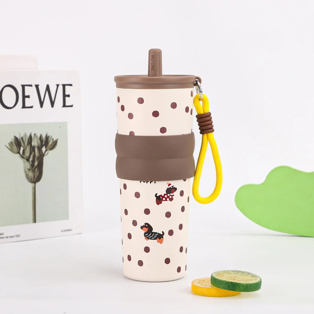 Stainless Steel 710ML Insulated Cup for Boys and Girls, Portable Cooling Ice Cream King Cup, Outdoor with Lifting Rope Straw Cup Zpaxo Dark Brown 710ml