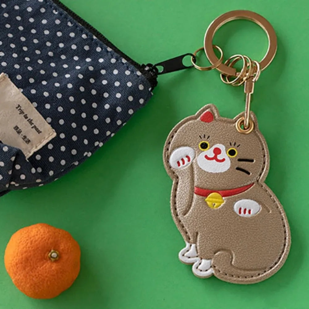 Lovely Fruit Kitty Access Card Holder Leather Maneki-neko Fortune Cat Pendant Keyring Orange Strawberry Zpaxo