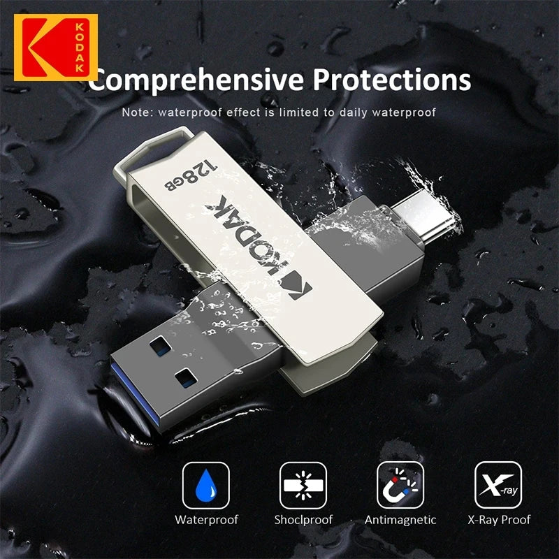 Kodak Type C Pendrive USB 3.2 Metal USB Flash Drive 128GB 64GB 32GB 256GB HDD 2 in 1 U-disk for Keys Smartphone Laptop Desktop Zpaxo
