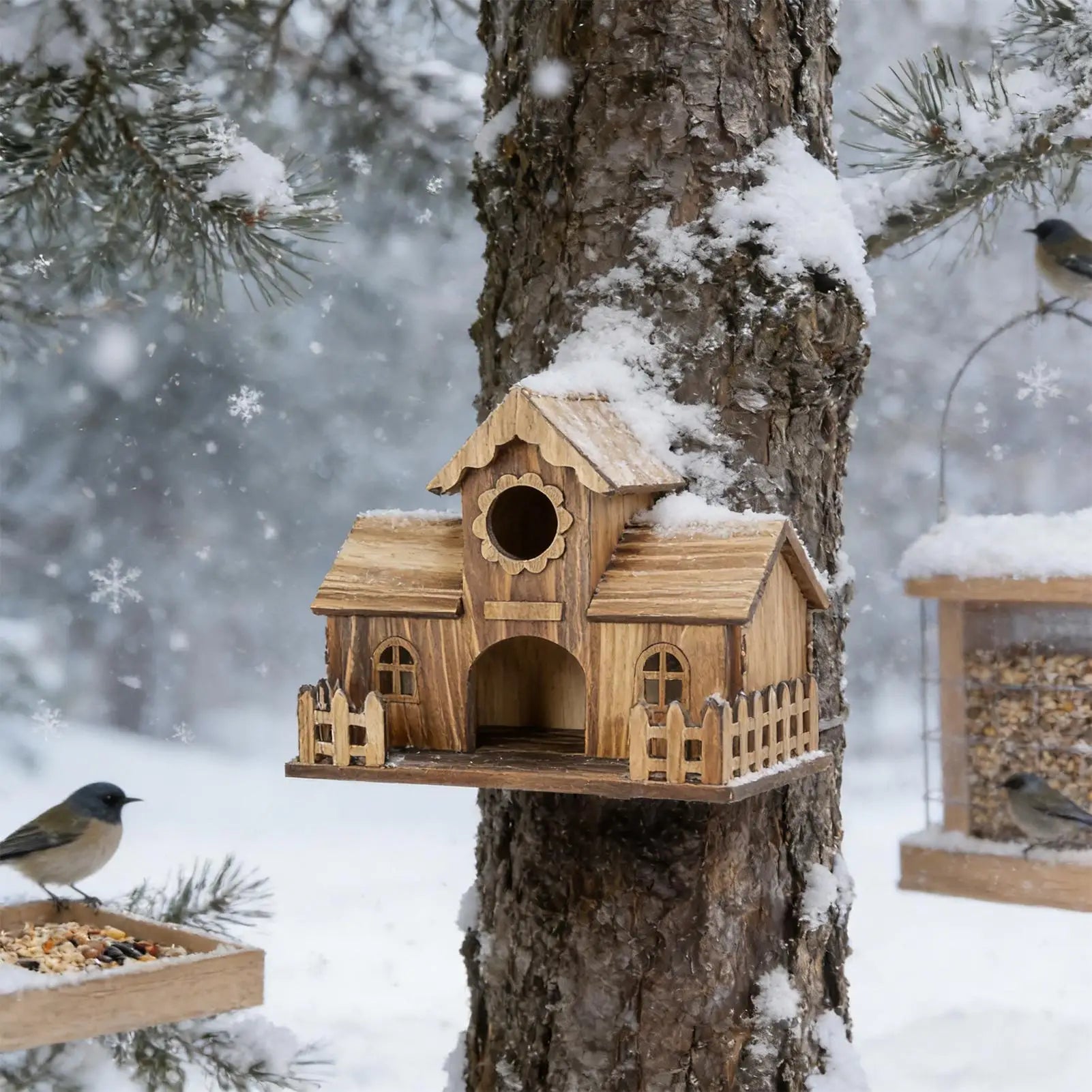 Birdhouses for Outdoors Wooden Natural Rustic Nest Chickadee Bird House for Nesting Feeding Breeding Garden Tree Balcony Deck Zpaxo