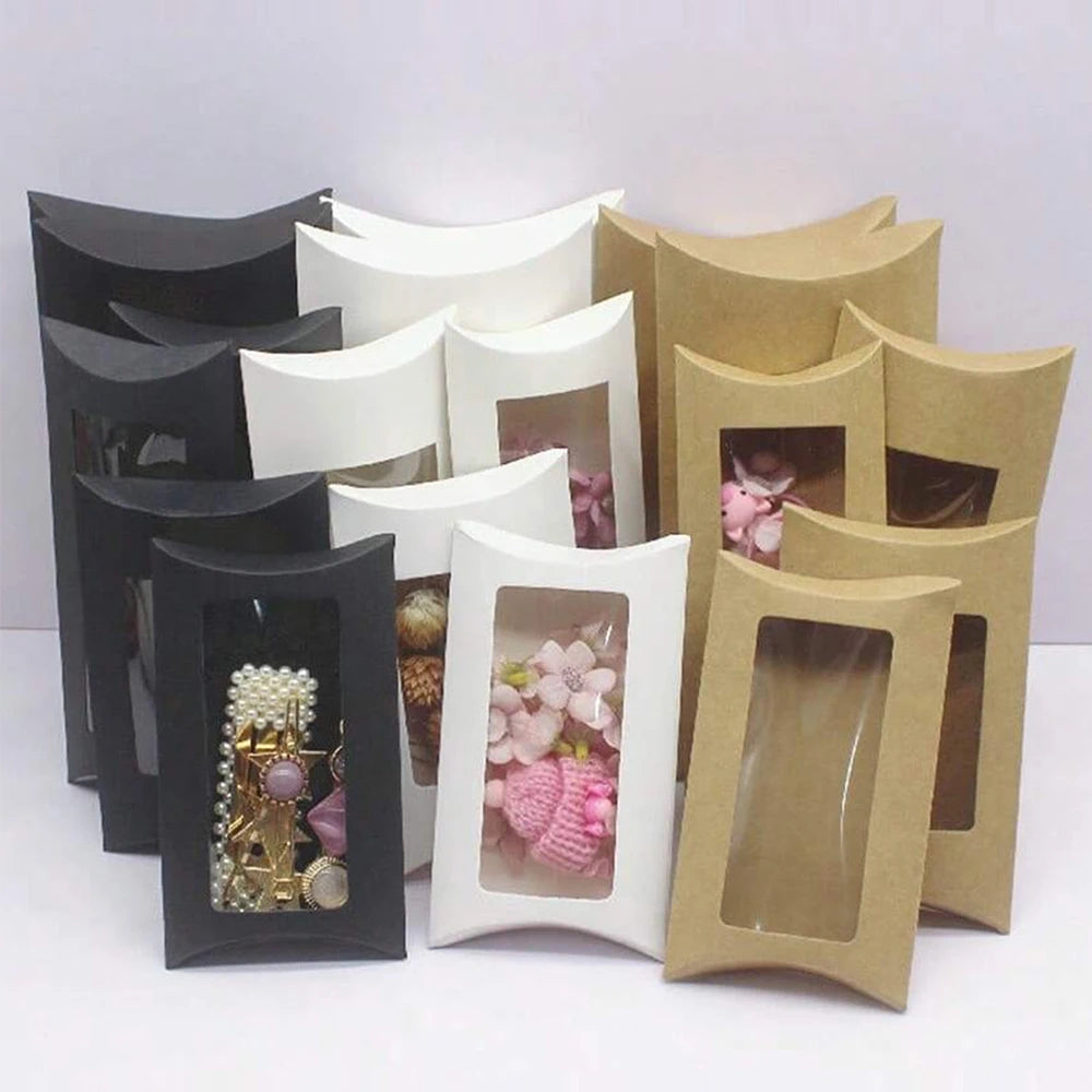 50Pcs Kraft Paper Pillow Box with Clear Window Party Favors Mini Pillow Packaging Box for Candy Chocolate Gift Jewelry Wedding Zpaxo