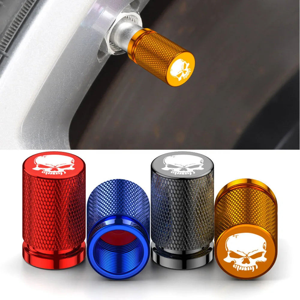 4-Pack Skull Aluminum Tire Valve Stem Caps – Universal Fit